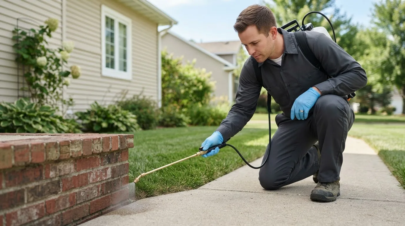 Pest control technician treating a home near Arco, MN